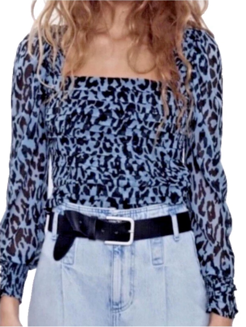 Zara Blue Leopard-Print Square Neck Smocked Blouse